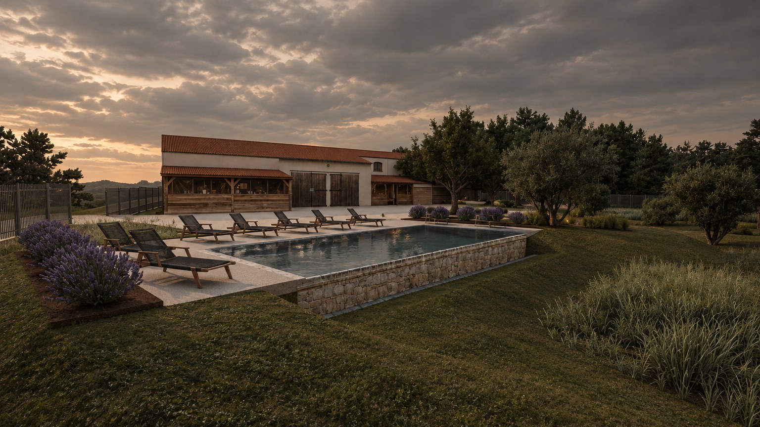 Vue 3D d'étude : piscine à débordement, mur en pierre et terrasse claire devant un mas (illustration non contractuelle)