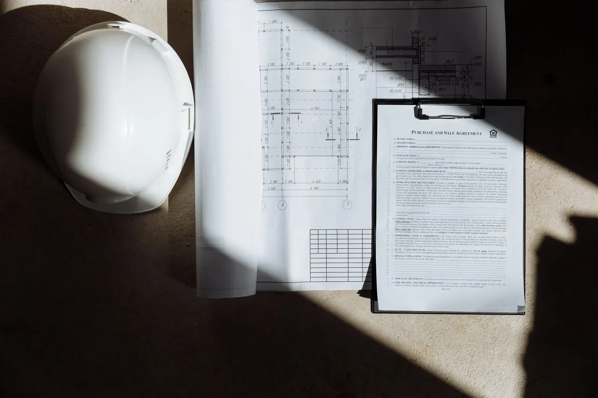 Plans et pièces contractuelles posés sur une table avec un casque de chantier