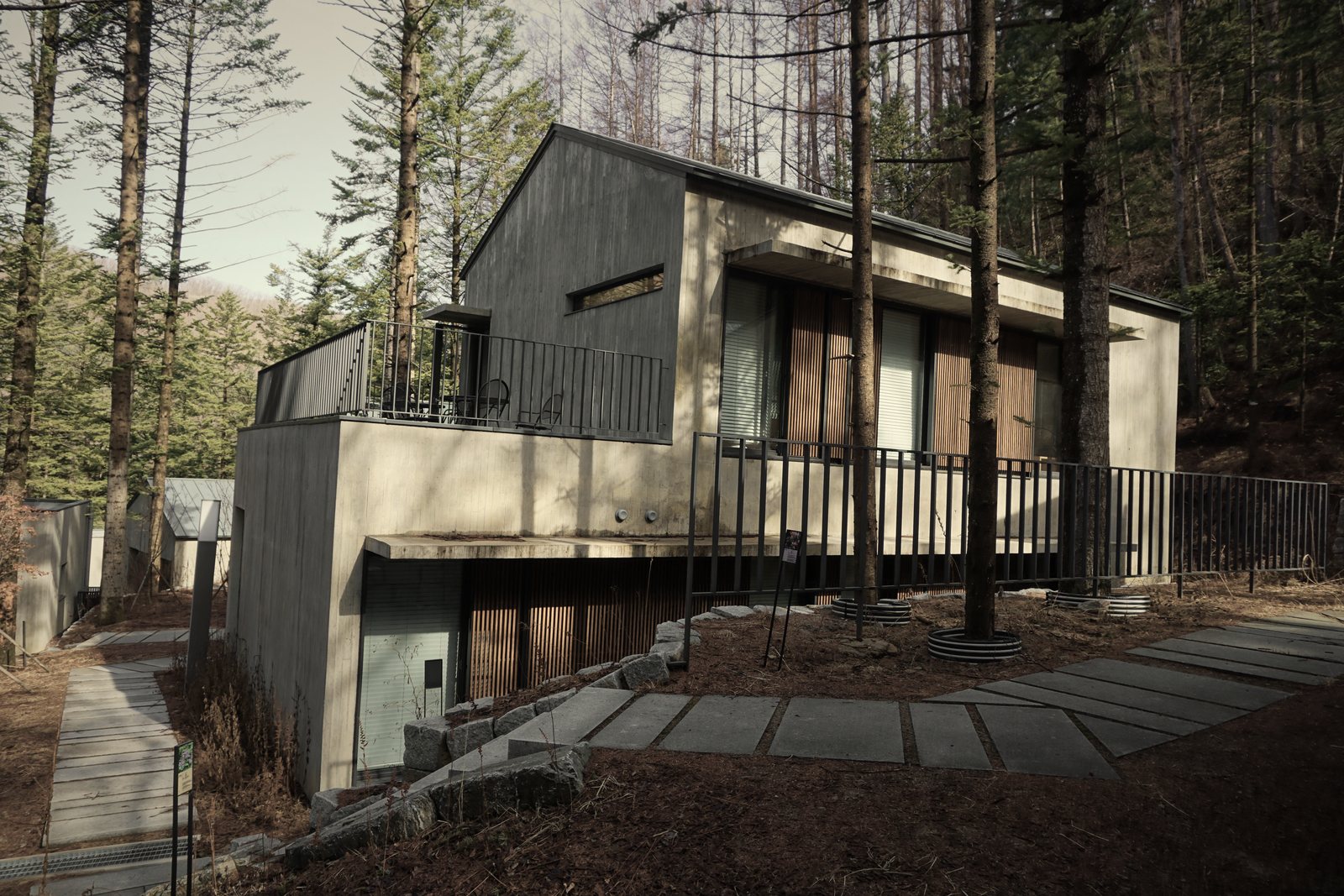 Maison contemporaine à bardage bois sombre posée sur un soubassement en béton, au milieu des pins, photo d'illustration