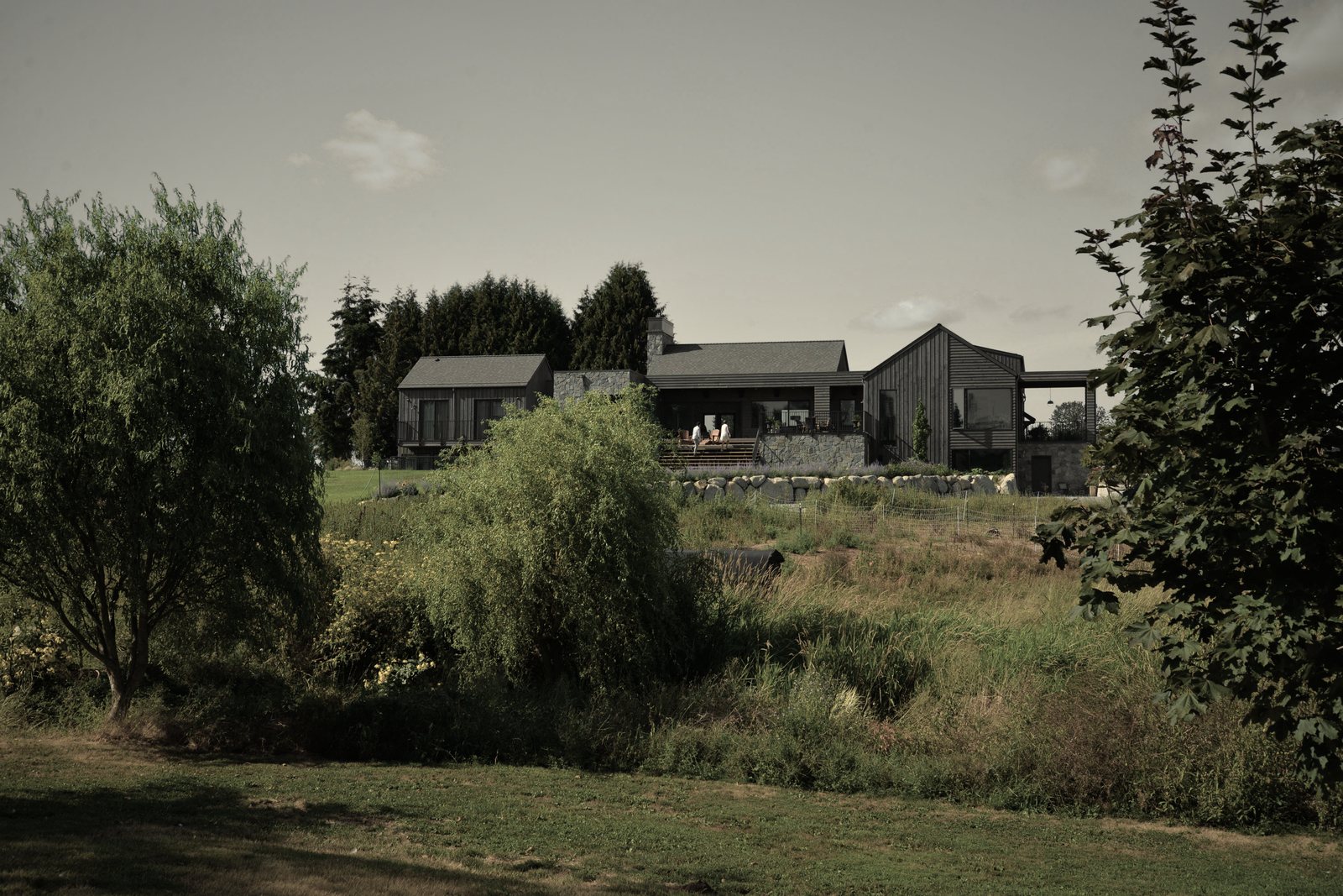 Maisons contemporaines à bardage bois sombre et toits à deux pans, au-delà d'une prairie arborée, photo d'illustration