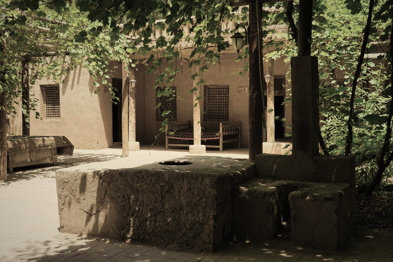 Cour ombragée par une treille et des arbres devant une maison enduite à galerie, photo d'illustration