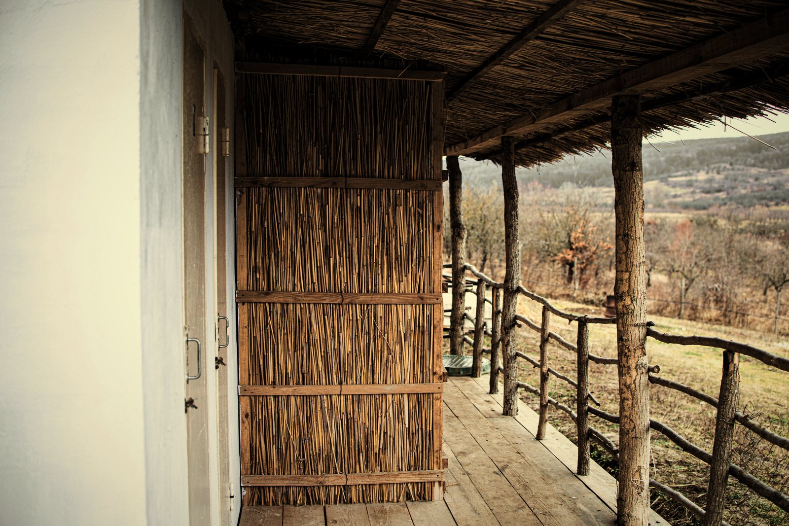 Galerie couverte en bois et canisses ouverte sur la campagne, avec garde-corps en branches, photo d'illustration