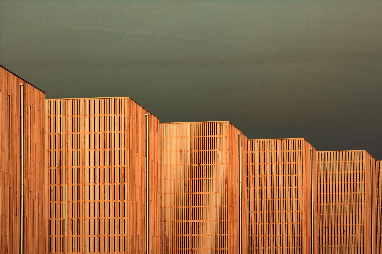 Façade rythmée de lames de bois verticales sur plusieurs volumes décalés, sous un ciel couvert, photo d'illustration